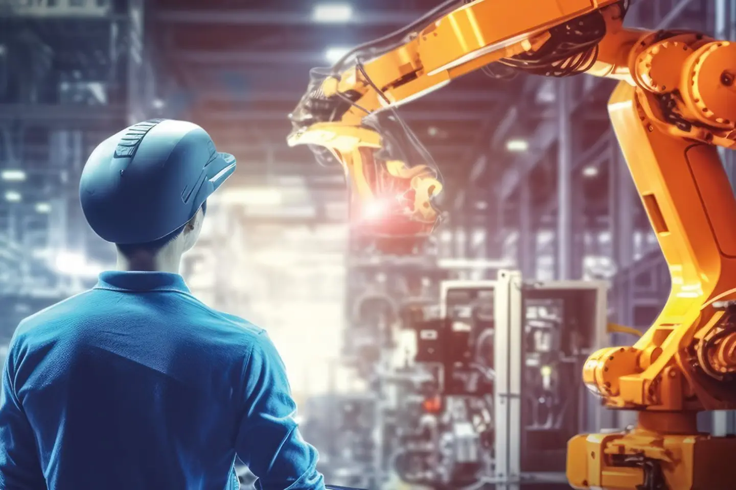Ingeniero probando y controlado brazos robóticos automatizados en una fábrica inteligente