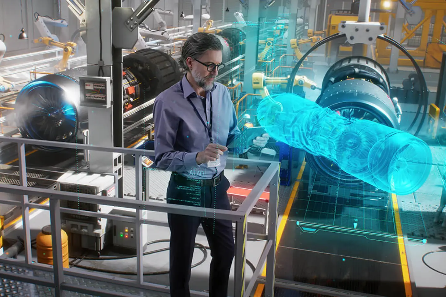 Um engenheiro usa um tablet com um aplicativo holográfico
