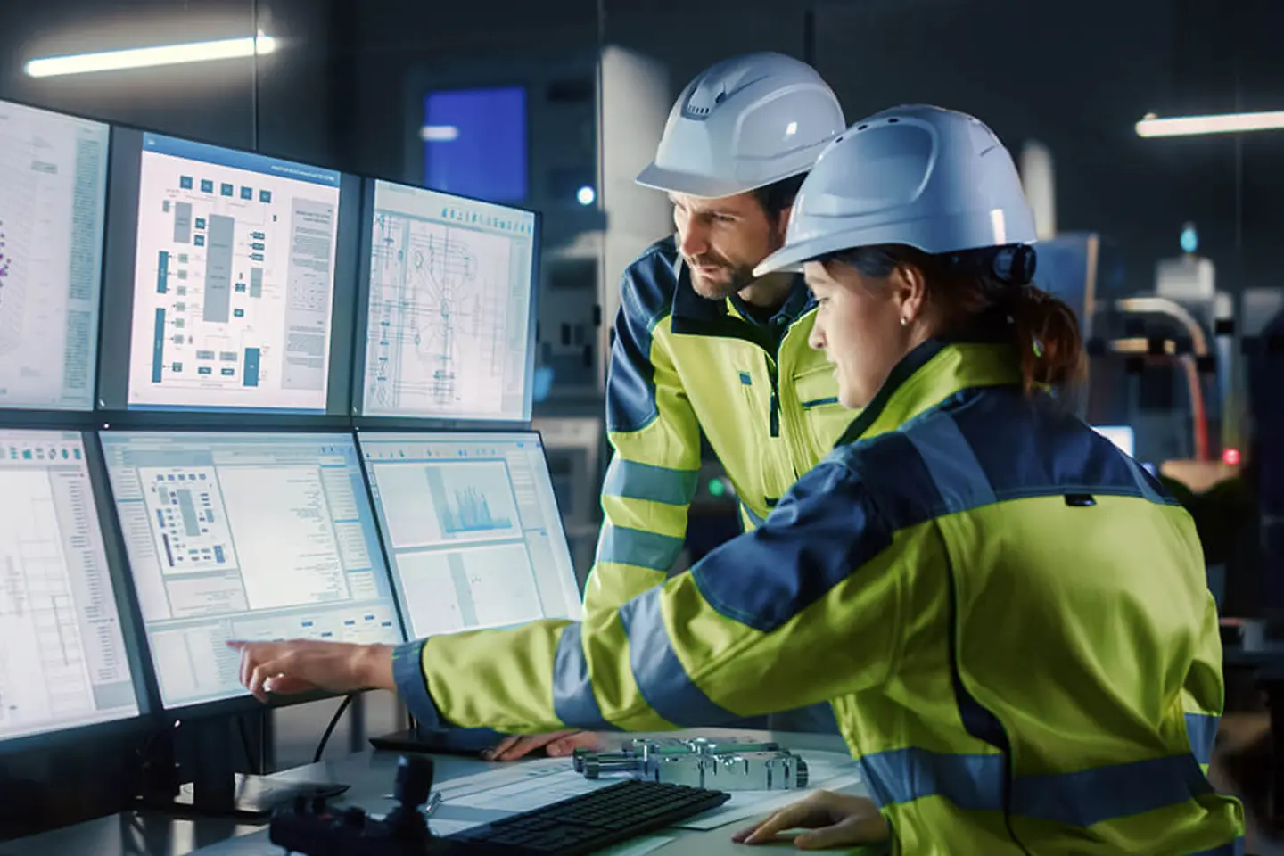 Project engineer talks to female operator Controls about cyber-security