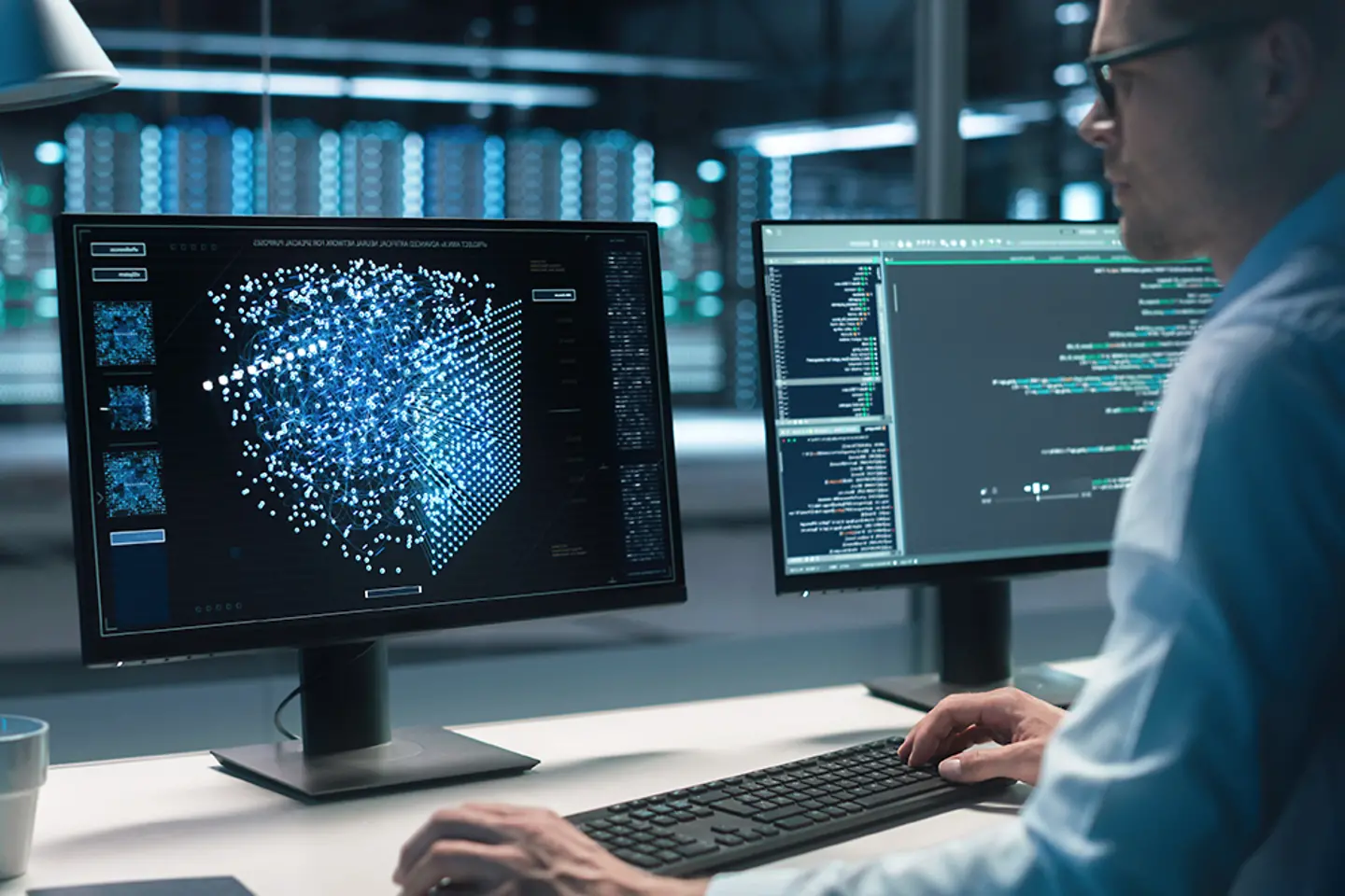 Ein Informatik-Ingenieur sitzt an einem Schreibtisch mit einem Bildschirm, auf dem eine Menge grafischer Daten angezeigt werden.
