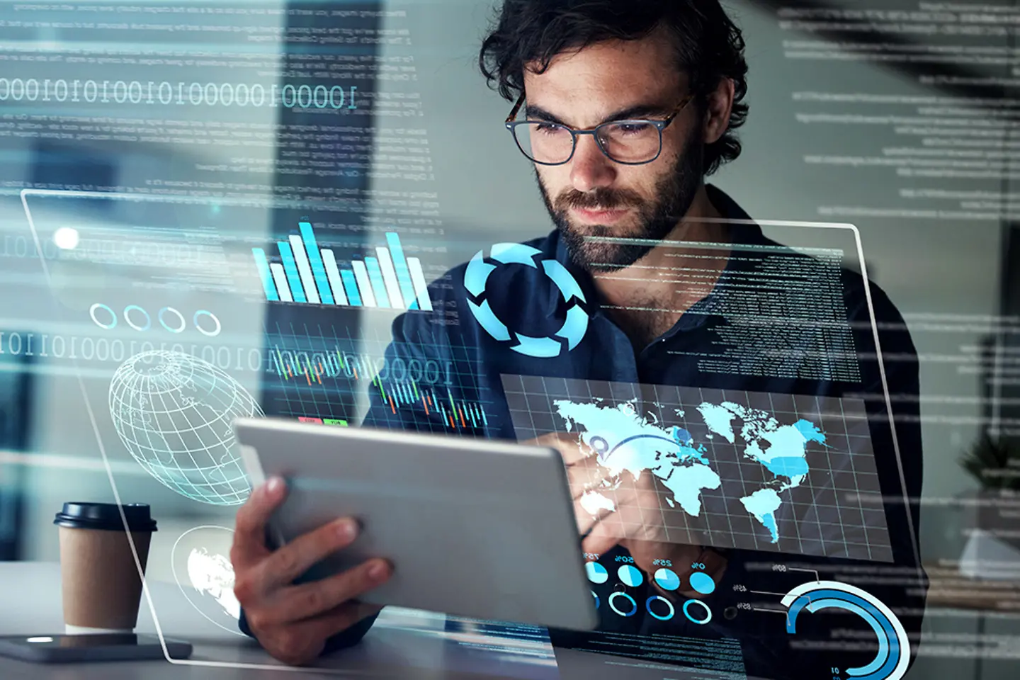 Business man, data and tablet hologram with digital overlay for tech