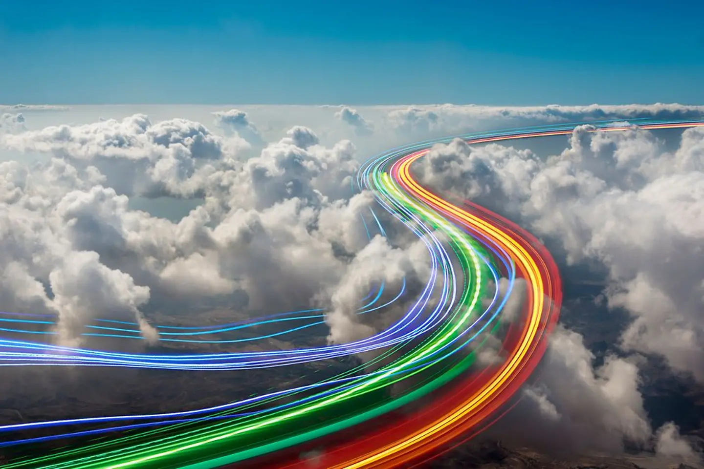 Colorful lights among clouds.