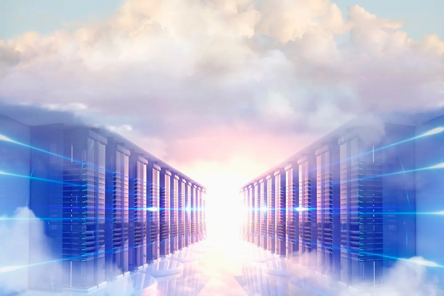 Data server room with clouds in background