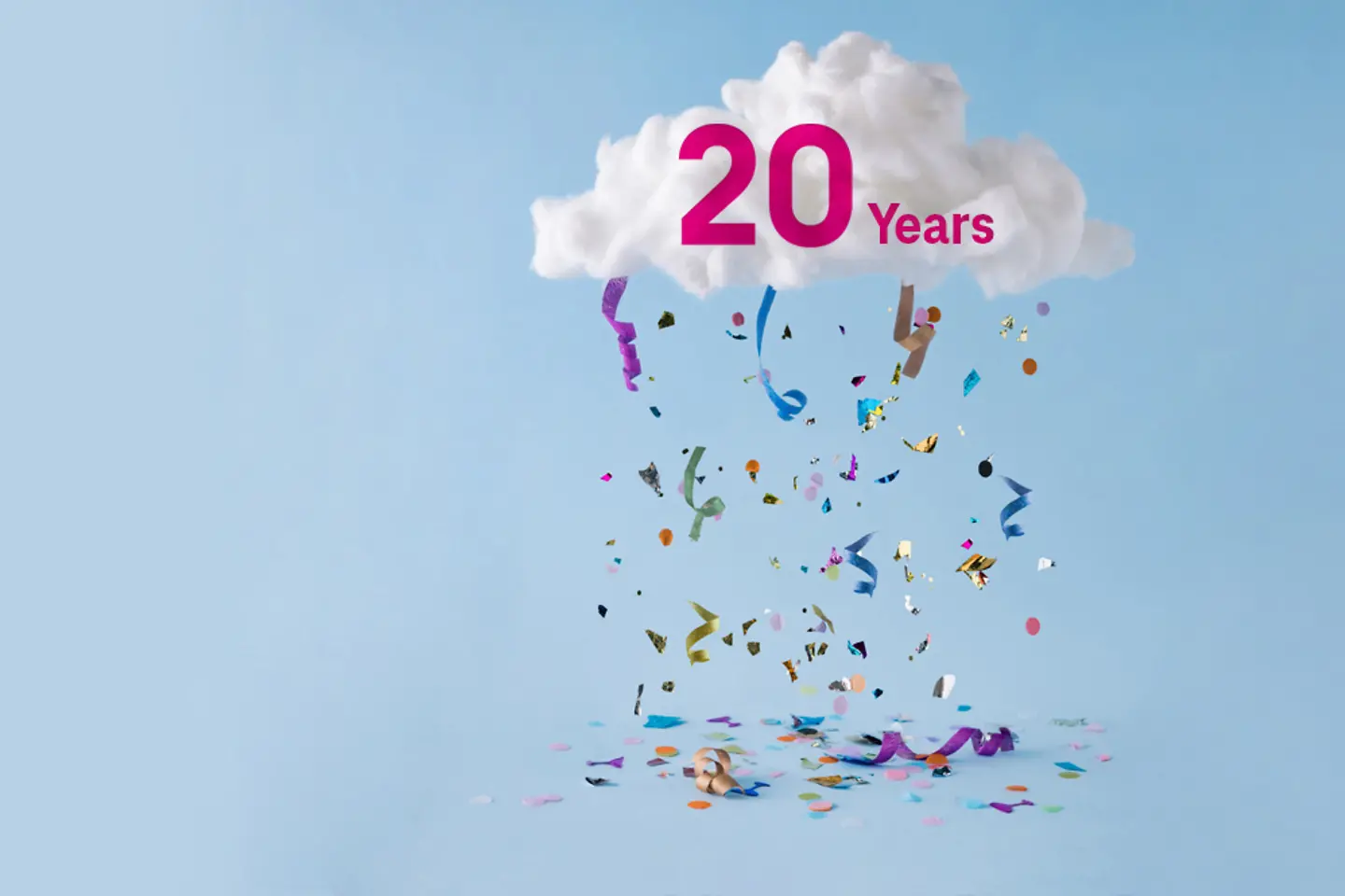 Cloud mit Konfetti-Regen und 20-Jahre-Jubiläumsschriftzug