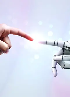 Robot and human hands are touching and connecting