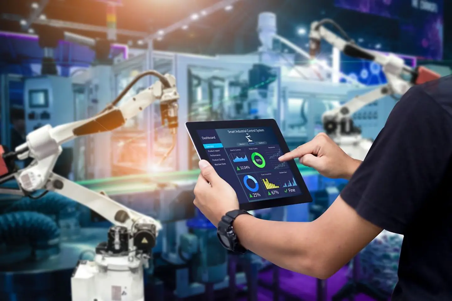 Engineer working with AI on tablet