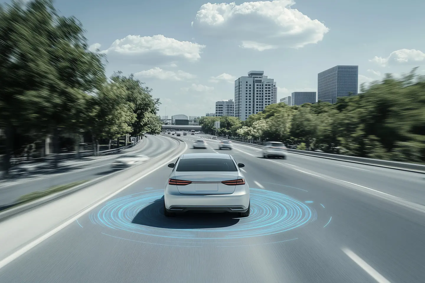 Um carro branco futurista navega em uma paisagem urbana moderna