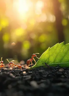 Teamwork of ants carrying a large leaf together in nature's lush environment at sunset close-up view for stunning visual impact