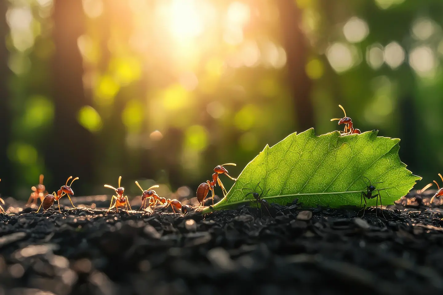 Trabalho em equipe de formigas carregando uma grande folha juntas em um ambiente natural exuberante ao pôr do sol