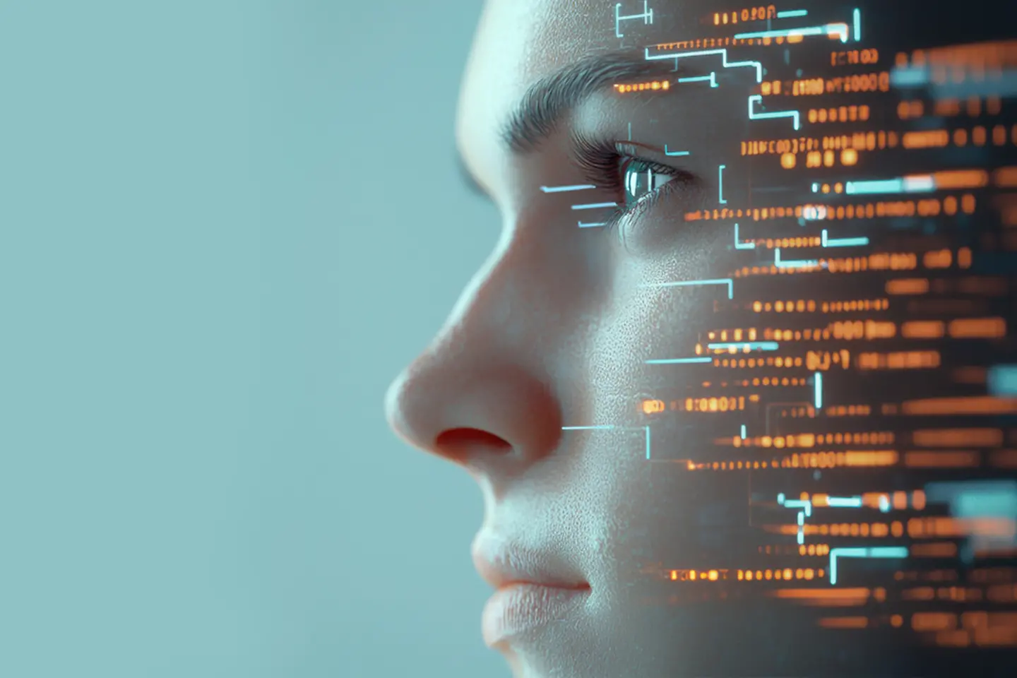 Ein futuristisches Gesicht mit digitalen Schnittstellenelementen und KI-Protokollen 
