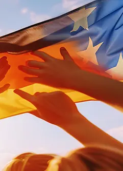 Group with German and European flags in hands symbolizes cohesion