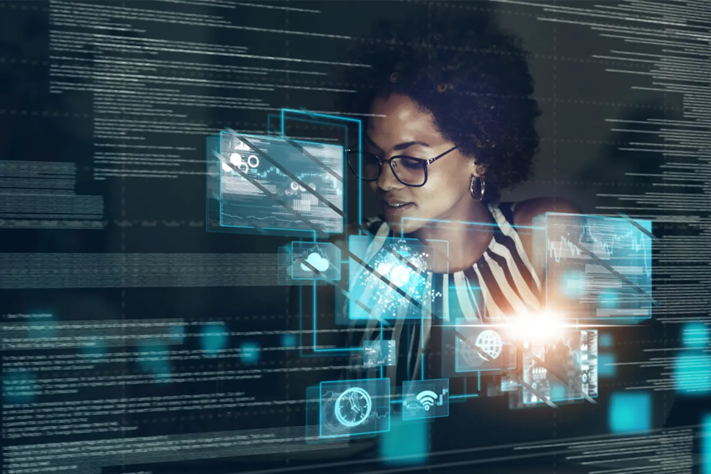 Internet, digital transformation and networking with woman in office with iot website, cloud computing and technology abstract. 