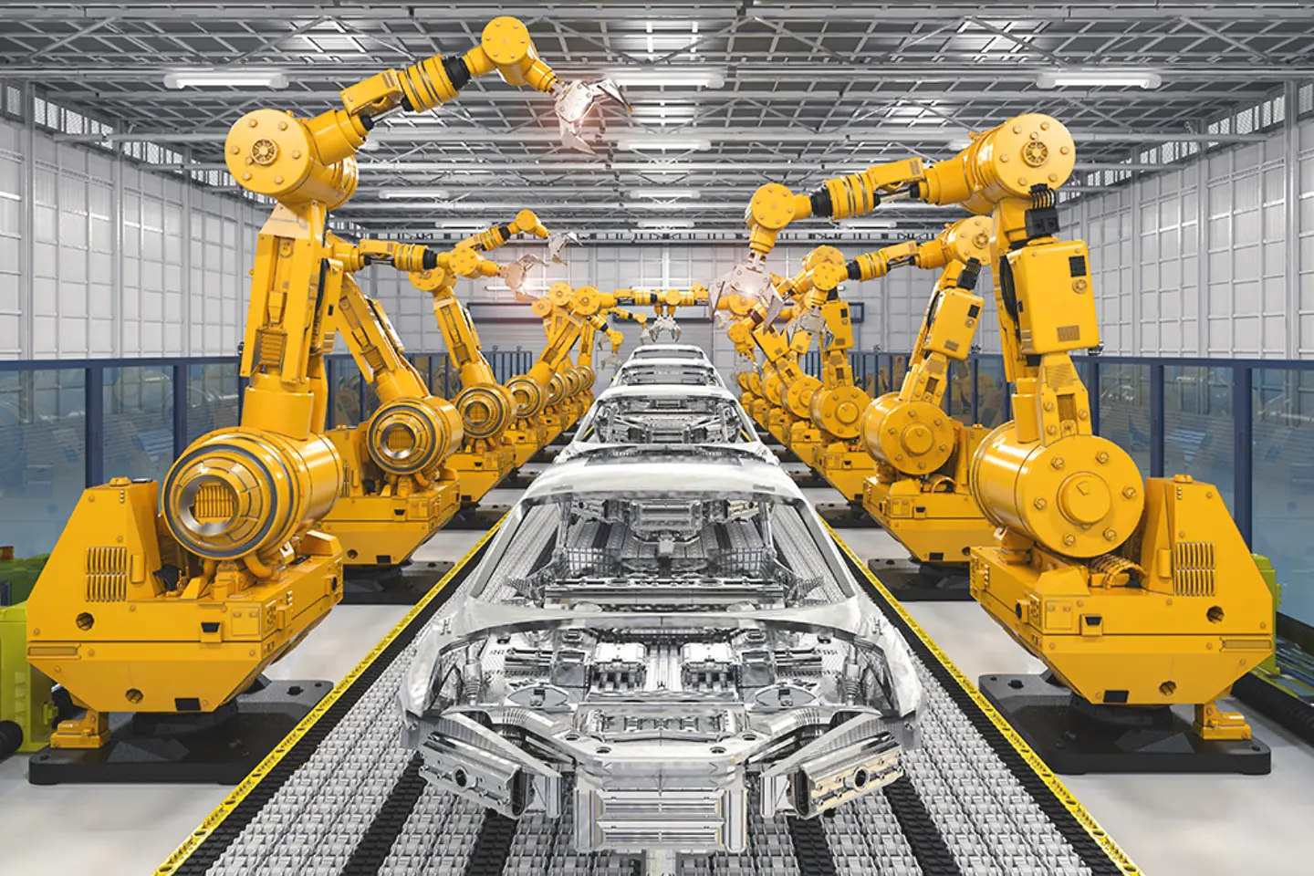Cadena de montaje robotizada en una fábrica de automóviles