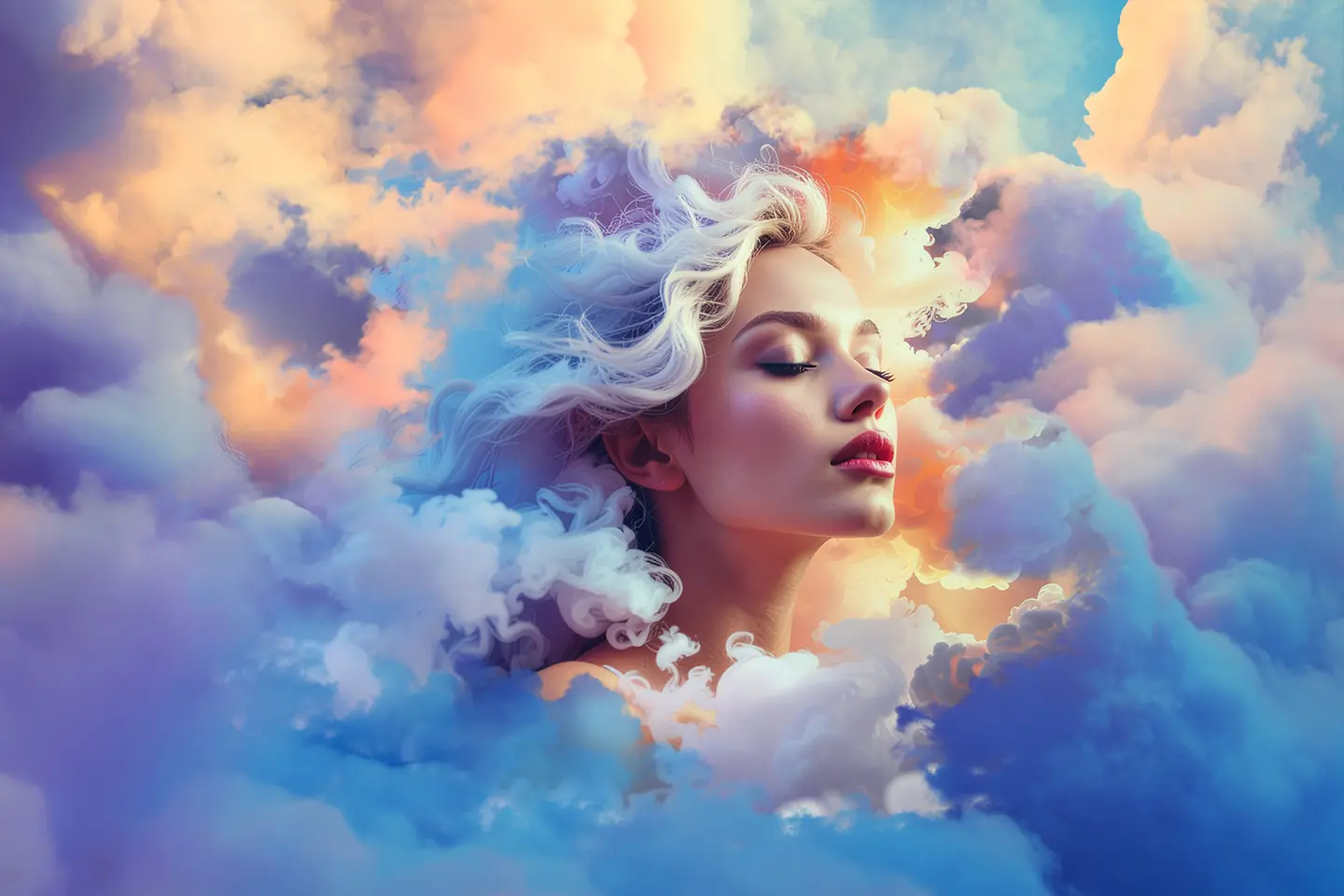 KI-generiertes Bild - Das Gesicht einer schönen Frau zwischen bunten Wolken, Bild KI-generiert