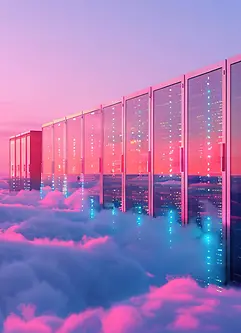 Illustration of a data server room above a sea of clouds with evening sky in the background