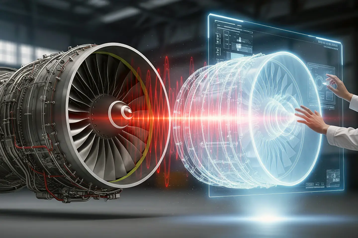 Ingenieur nutzt AR, um ein Düsentriebwerk anhand einer holografischen Schnittstelle zu analysieren.