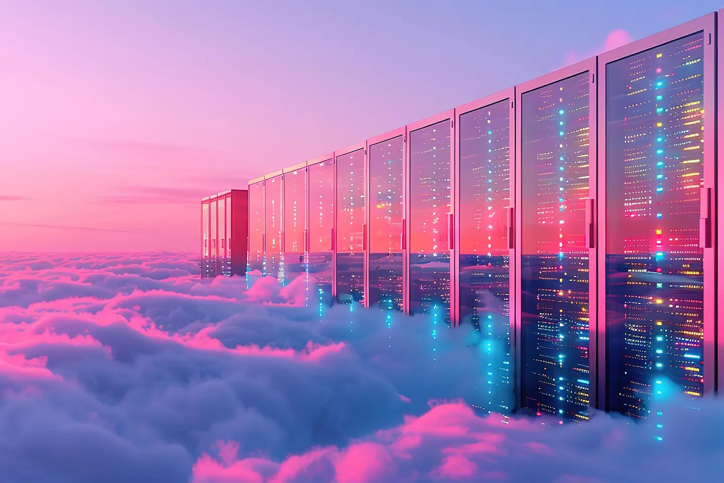 Illustration eines Datenserverraums über einem Meer aus Wolken mit Abendhimmel im Hintergrund