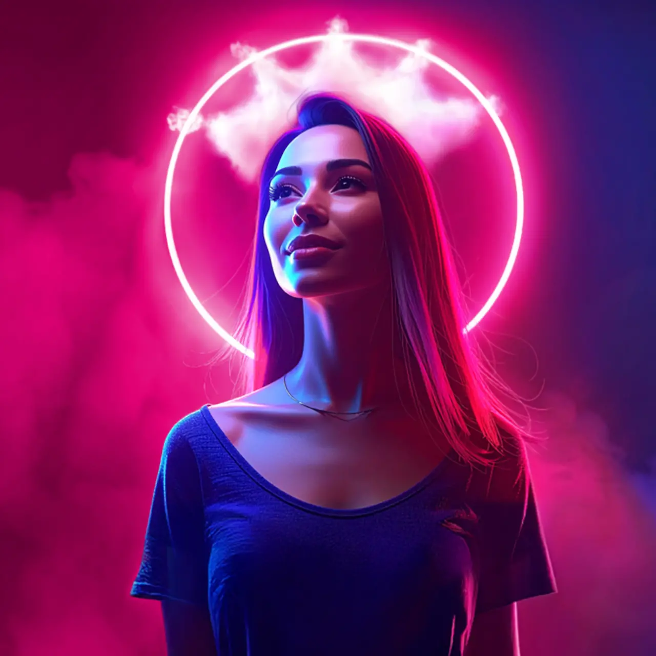 KI-generiertes Bild - Junge Frau mit einer magenta Krone aus Wolken, KI-generiertes Bild
