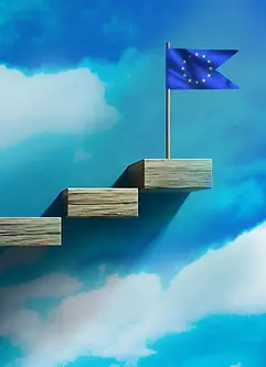 Wooden Steps Leading to Success Goal, European Flag, Achievement Progress Concept 