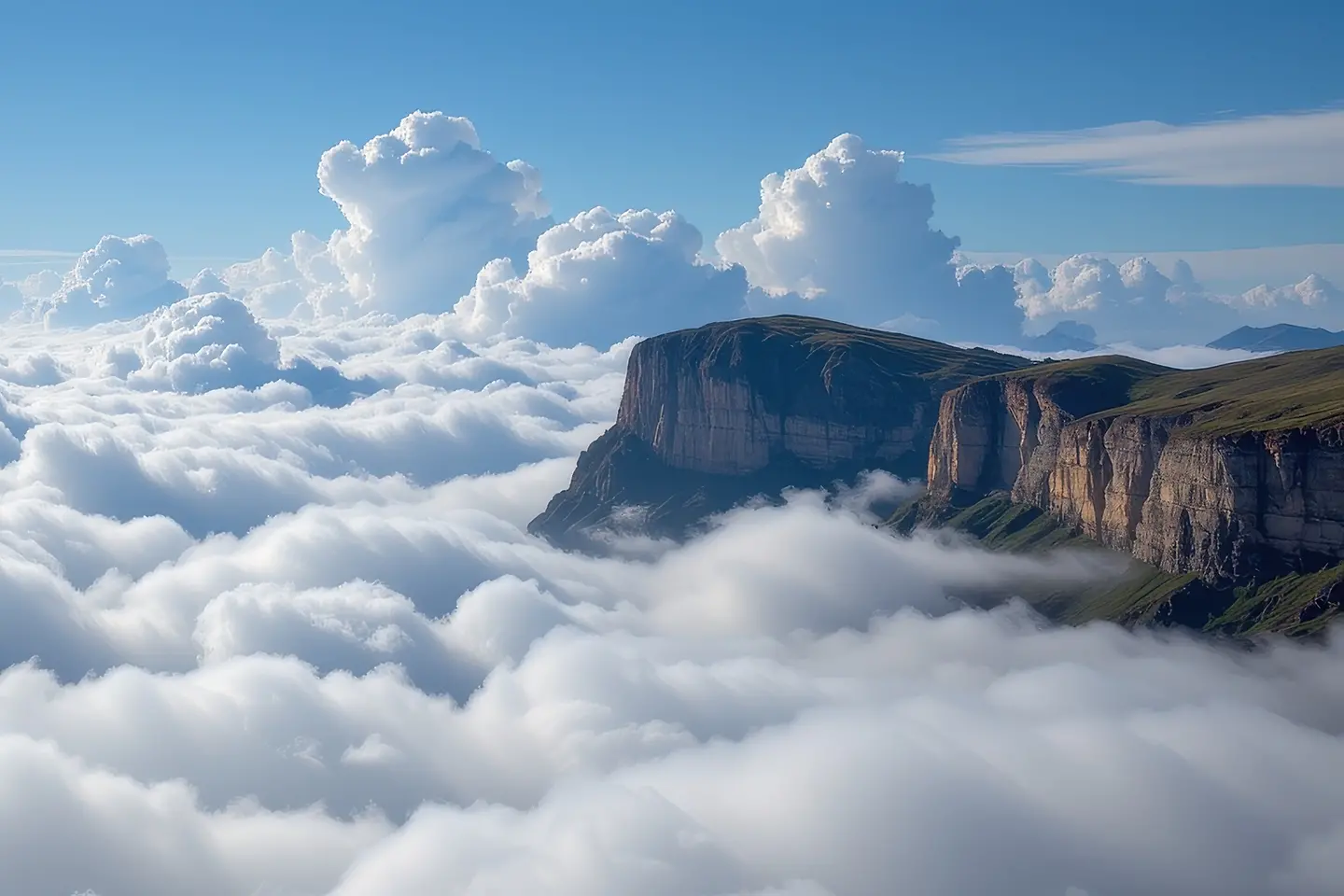 Silberne Klippen erheben sich über ein Meer aus Wolken