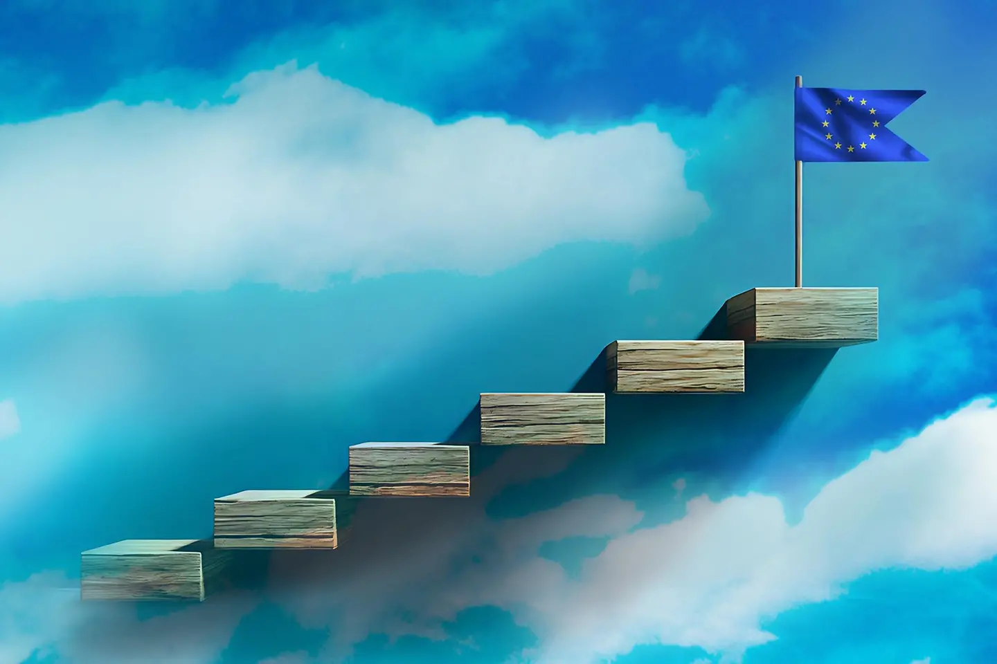 Holzstufen, die zum Erfolg führen, Ziel, Europa-Flagge, Erreichung, Fortschrittskonzept