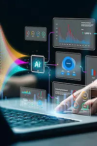 Data Analyst uses dashboard for analysis of complex data sets on computer.