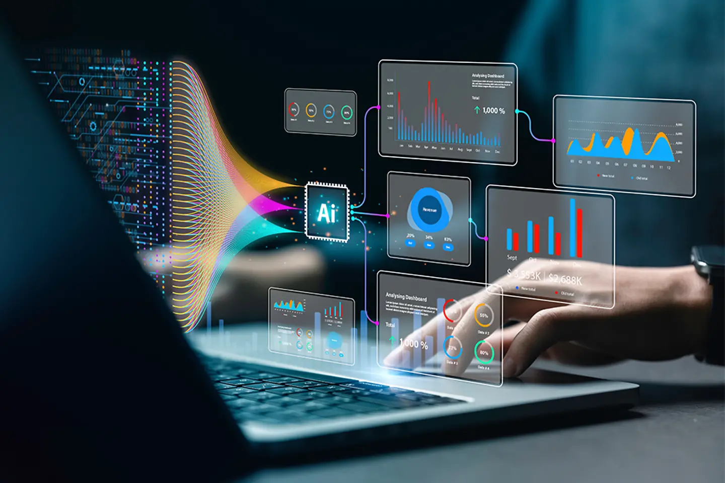 Data Analyst uses dashboard for analysis of complex data sets on computer.