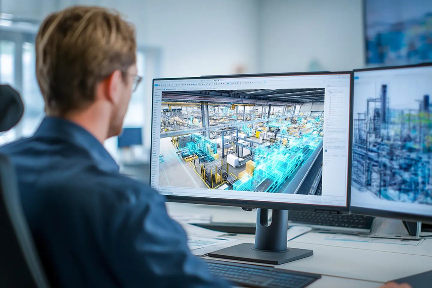 Engineer watching production in factory on screen