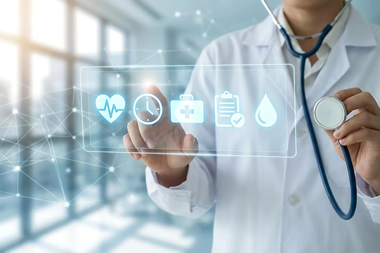 A healthcare professional utilizes advanced digital technology interacting with a holographic interface