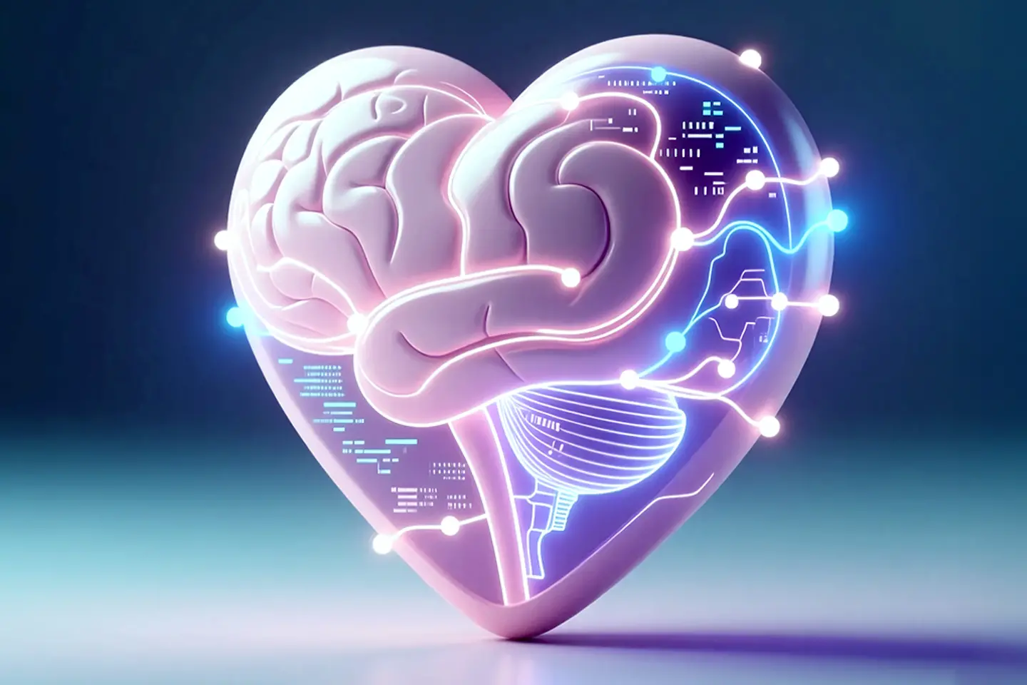 Un cerveau neuronal lumineux dans un cœur digital comme visualisation abstraite de l’IA et du traitement émotionnel 