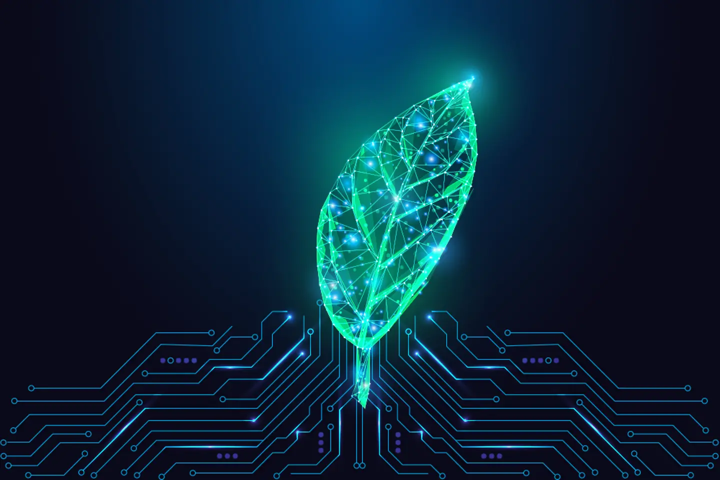 Digital generated neon green leaf connected with glowing circuits