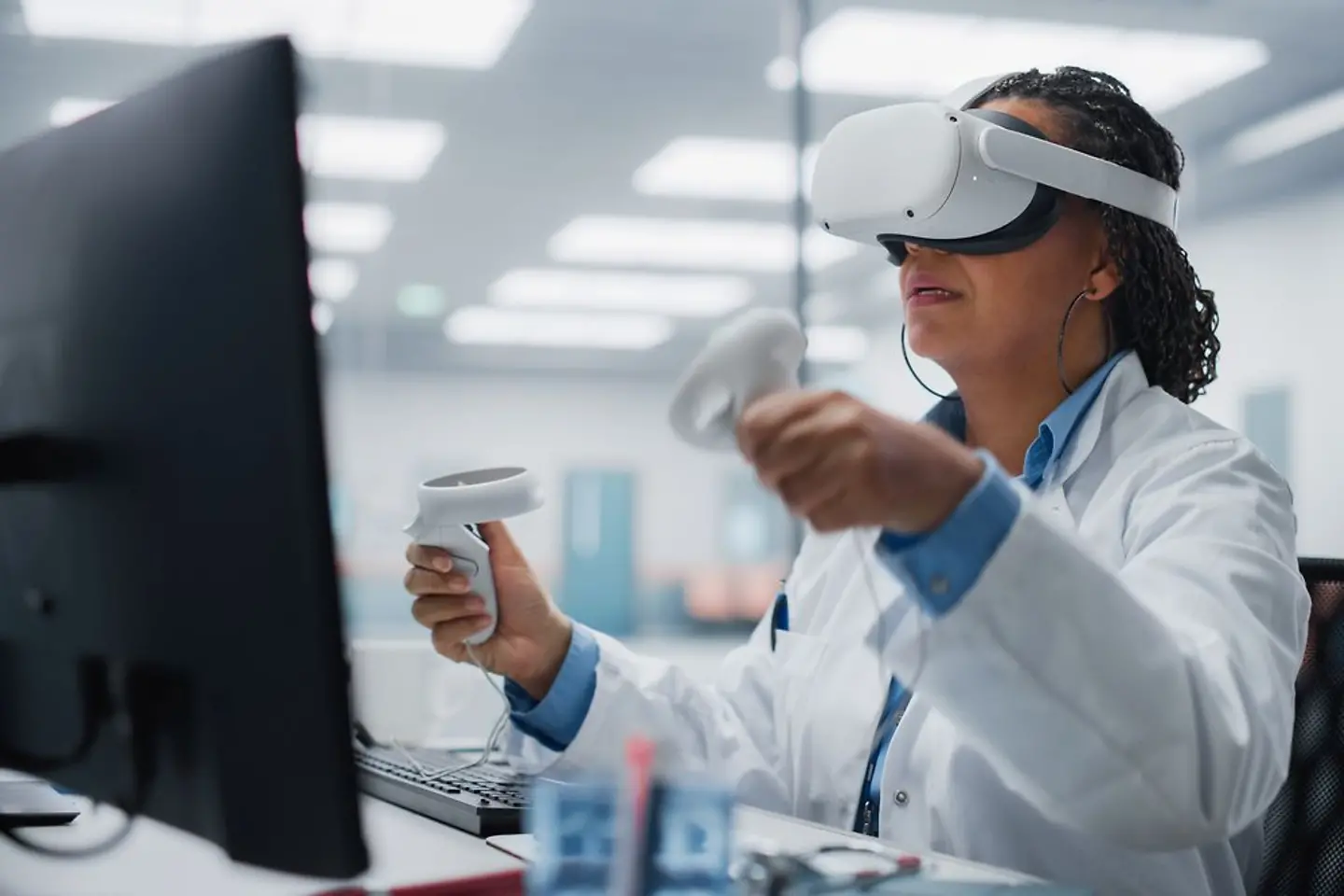 Nursing student with VR goggles