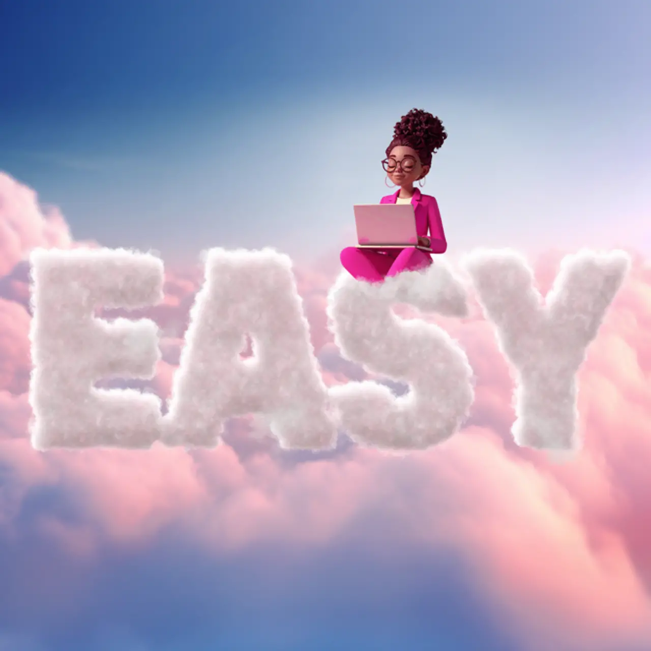 Imagem gerada por IA - Mulher em terno magenta com laptop sentada nas nuvens, com a inscrição "Easy", imagem gerada por IA