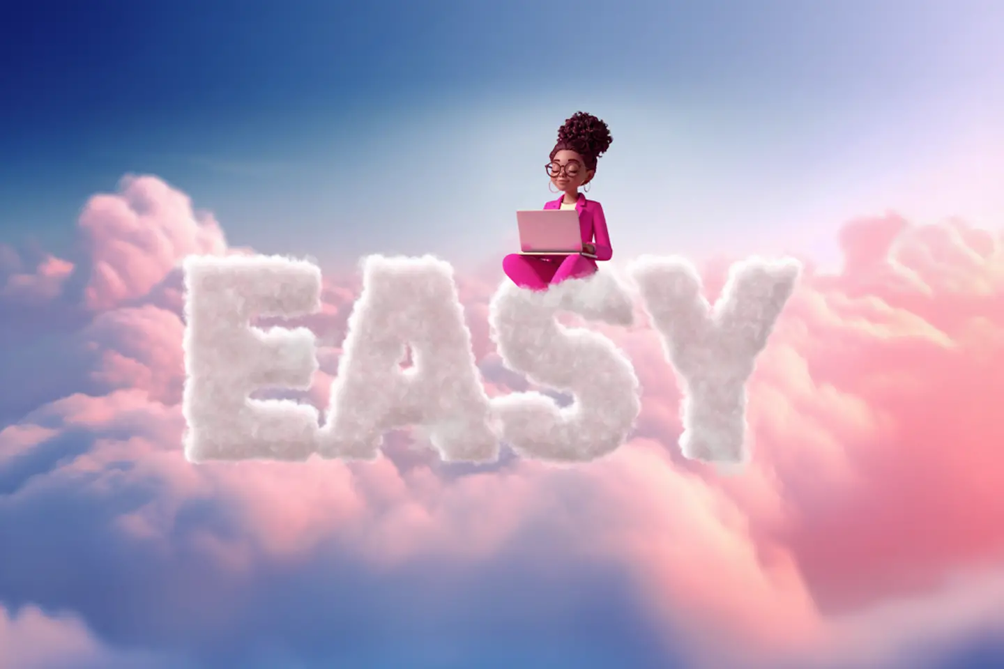 AI-generated image - Woman in magenta suit with laptop sitting on clouds, lettering "Easy," AI-generated image