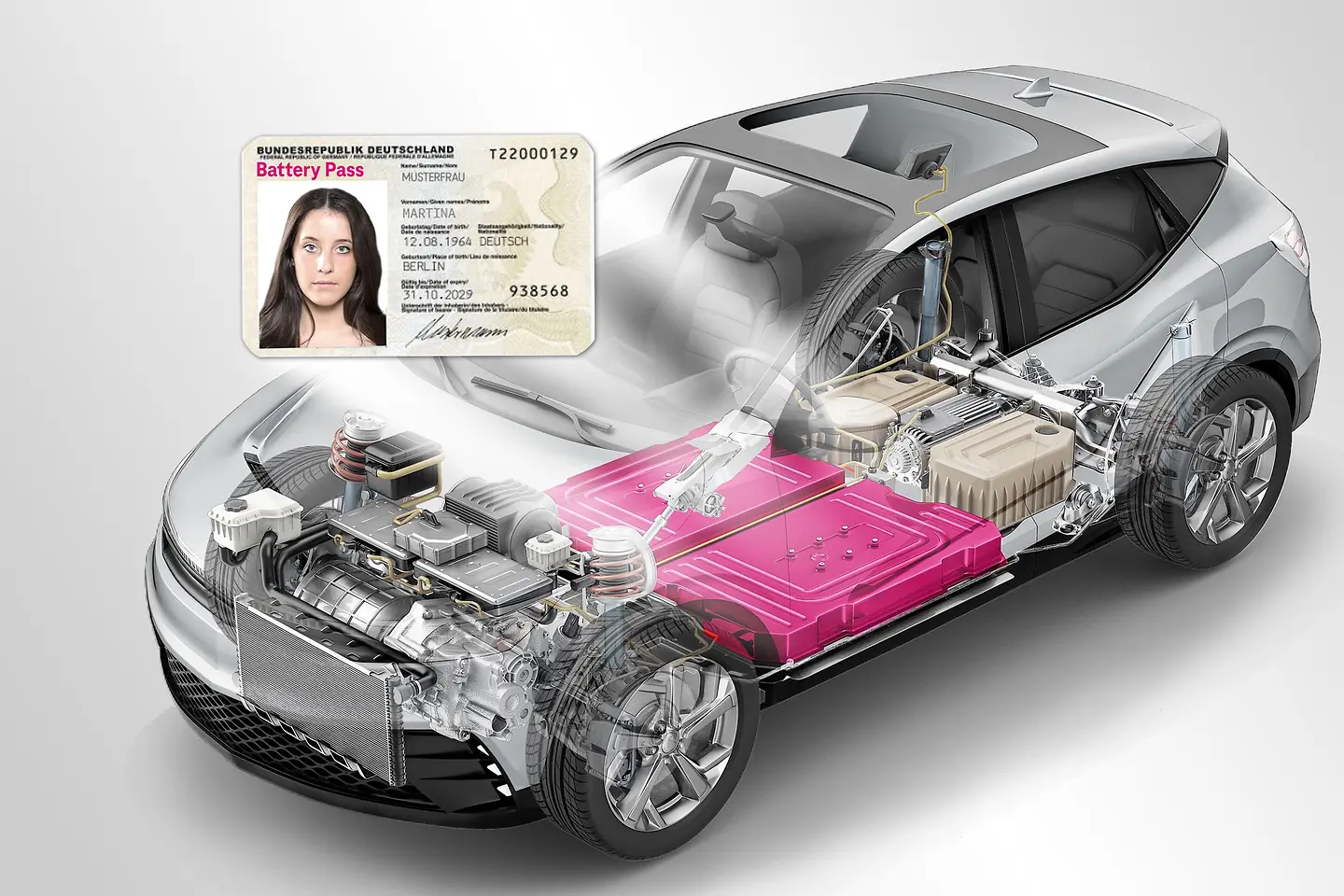 Image of the drive and battery of an electric car and a passport.