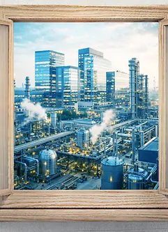 Open vintage window and industry landscape view outside