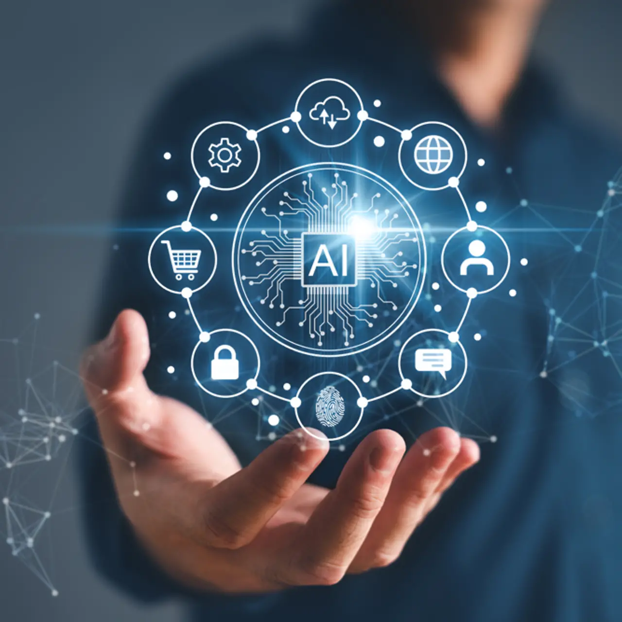 Artificial intelligence and Automated machine learning language blue digital user interface with businessman hand background