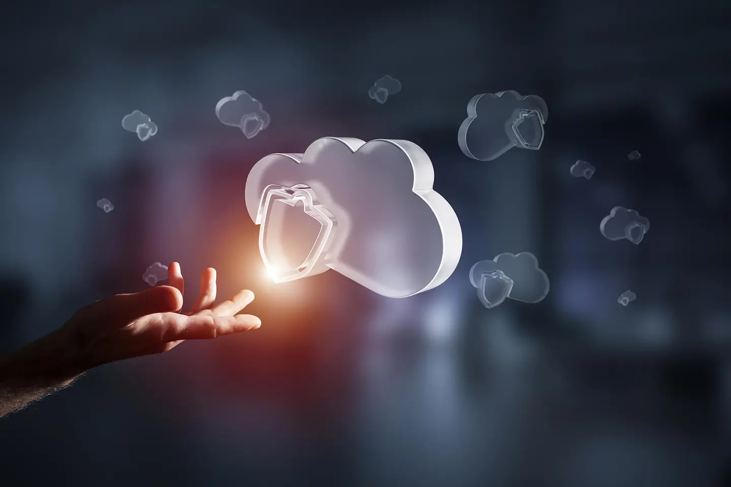 Hand reaching out for transparen cloud with shield symbol
