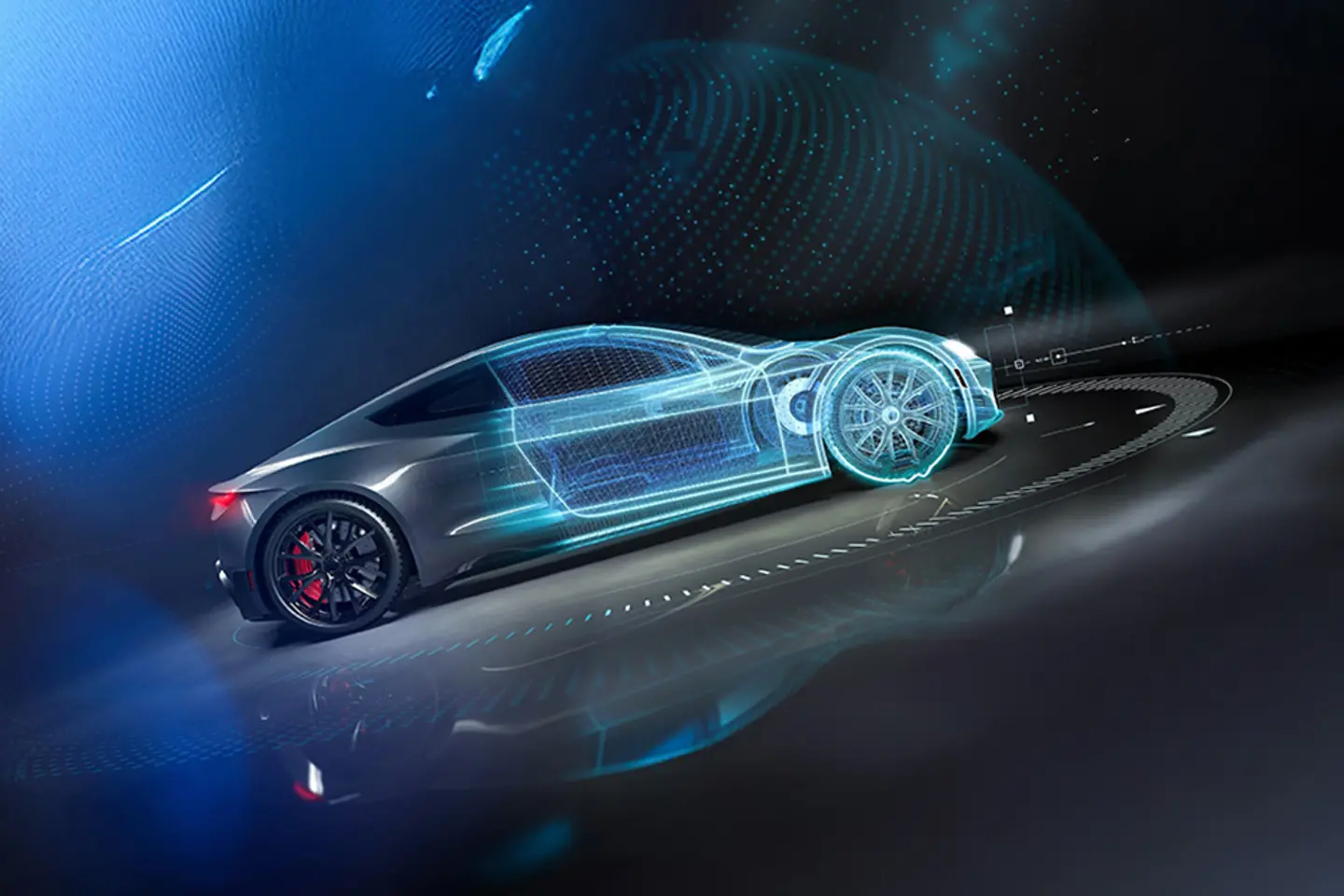 Futuristic car with wireframe intersection