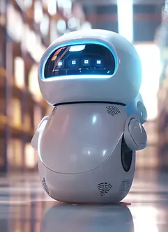A white robot stands in a warehouse aisle, surrounded by shelves filled with boxes