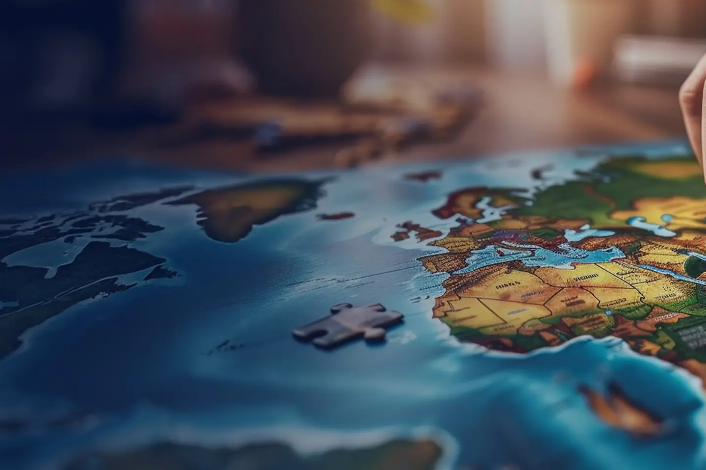  Man plaatst een puzzelstukje op een kleurrijke wereldkaart