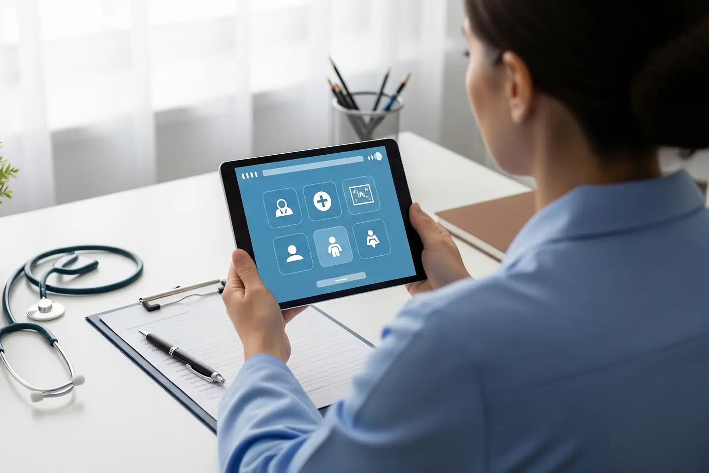KI-generiertes Bild - Arzt nutzt Tablet mit medizinischer Benutzeroberfläche