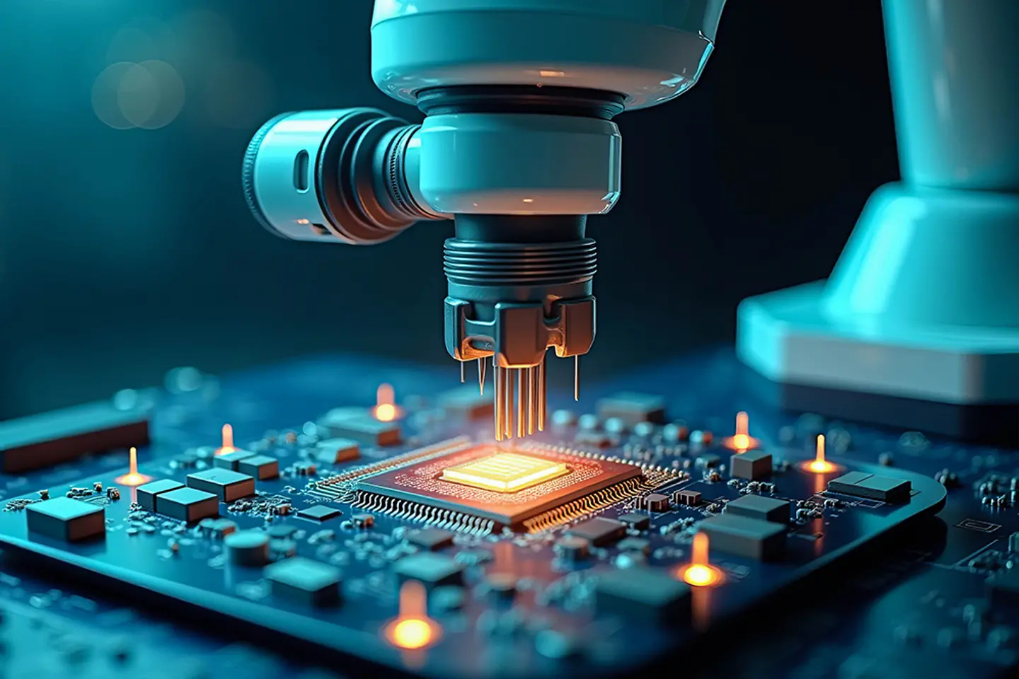 A robotic arm meticulously places a microchip onto a circuit board within a modern manufacturing environment