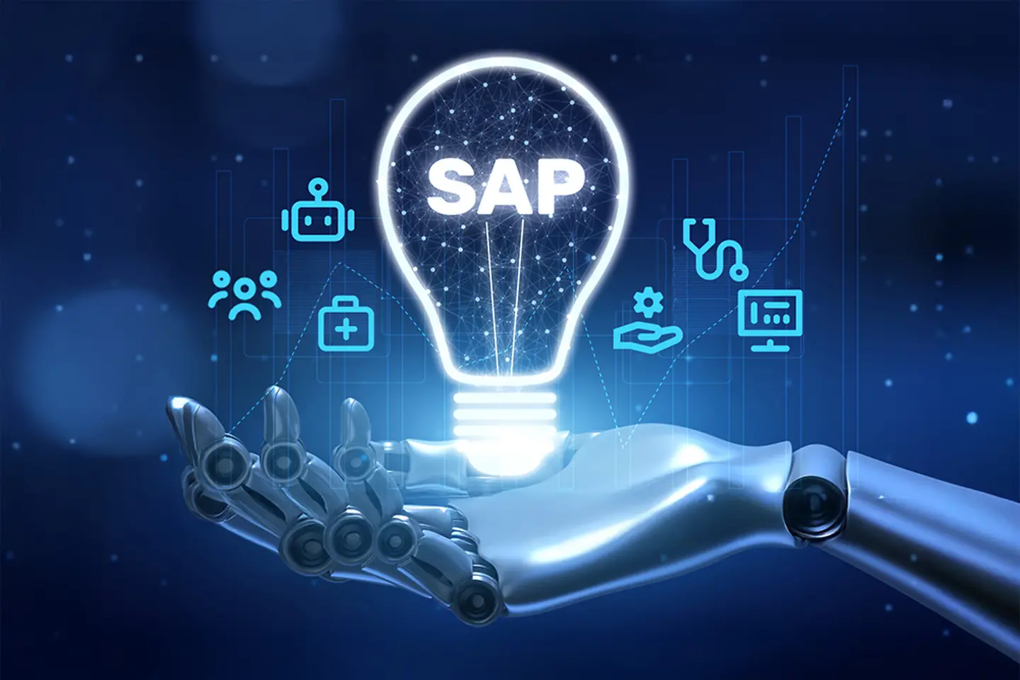 Robotic hand with a digital glowing lightbulb that says SAP