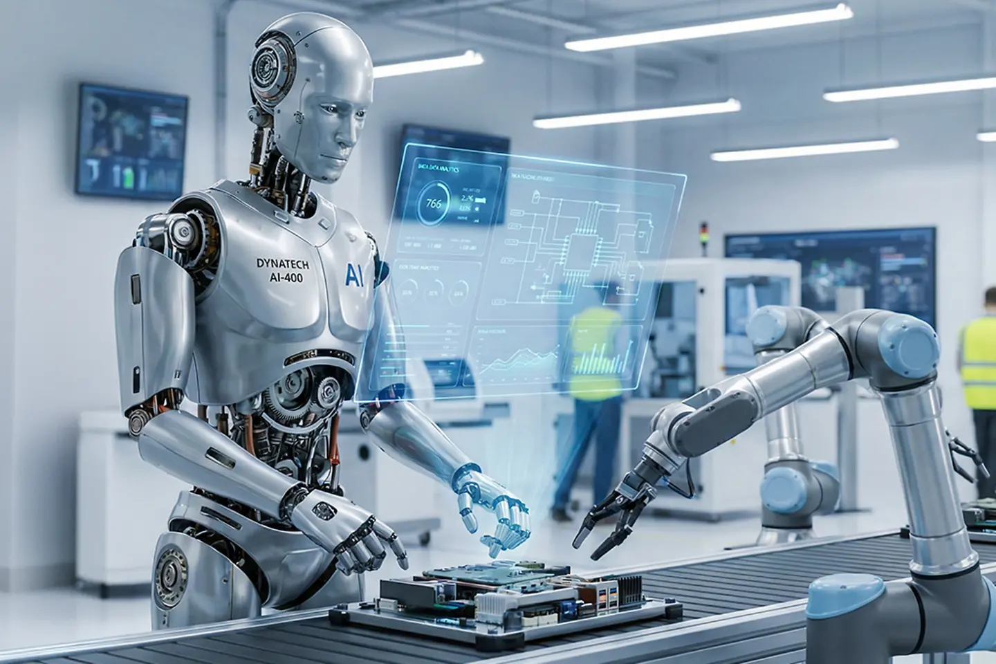 Imagen generada por IA - Robots humanoides y brazos robóticos trabajando de forma eficiente en una línea de producción futurista