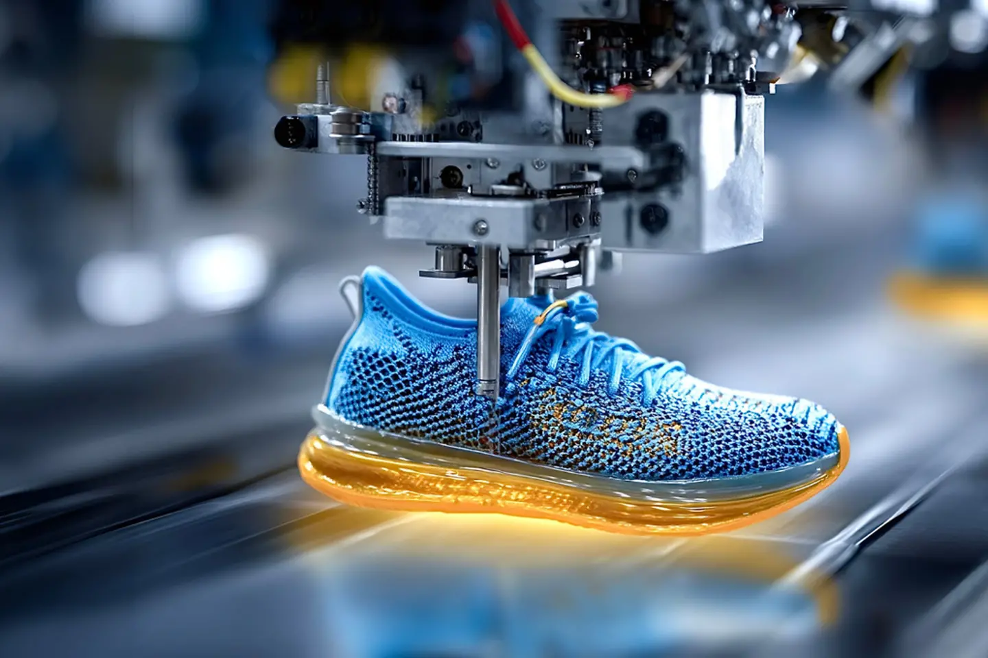 Machine-made production of modern running shoes in the factory