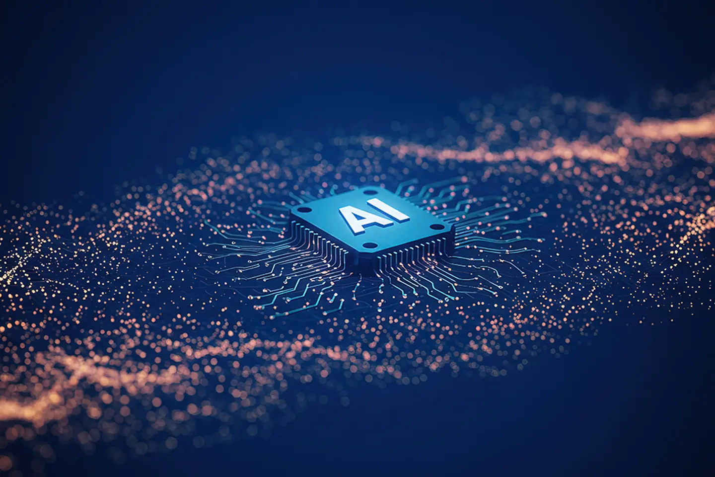 A close up of an ai chip on a circuit board with glowing orange particles on a dark blue background