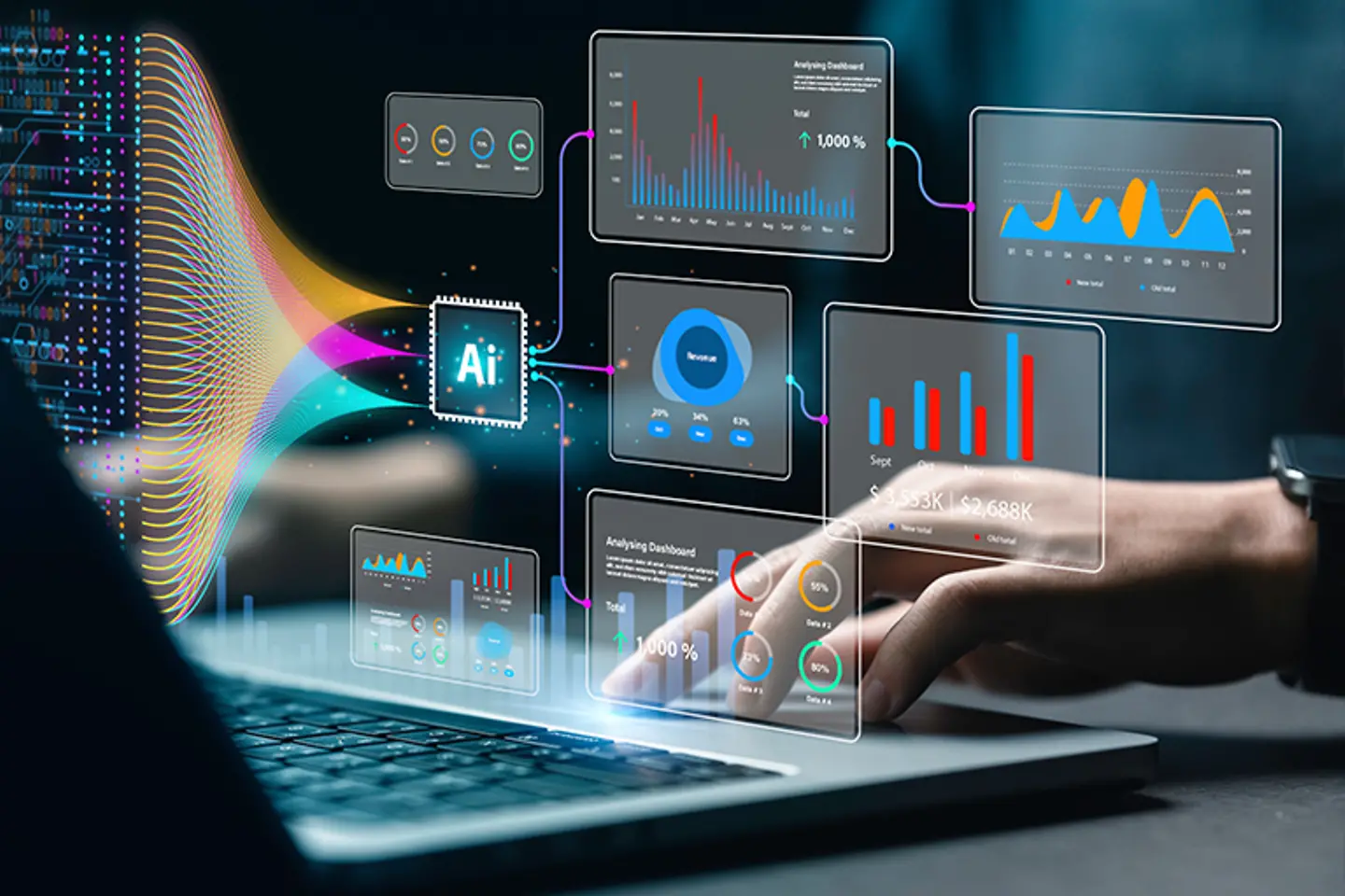 Analista ou cientista com um computador e um painel que analisa informações de conjuntos de dados complexos. 