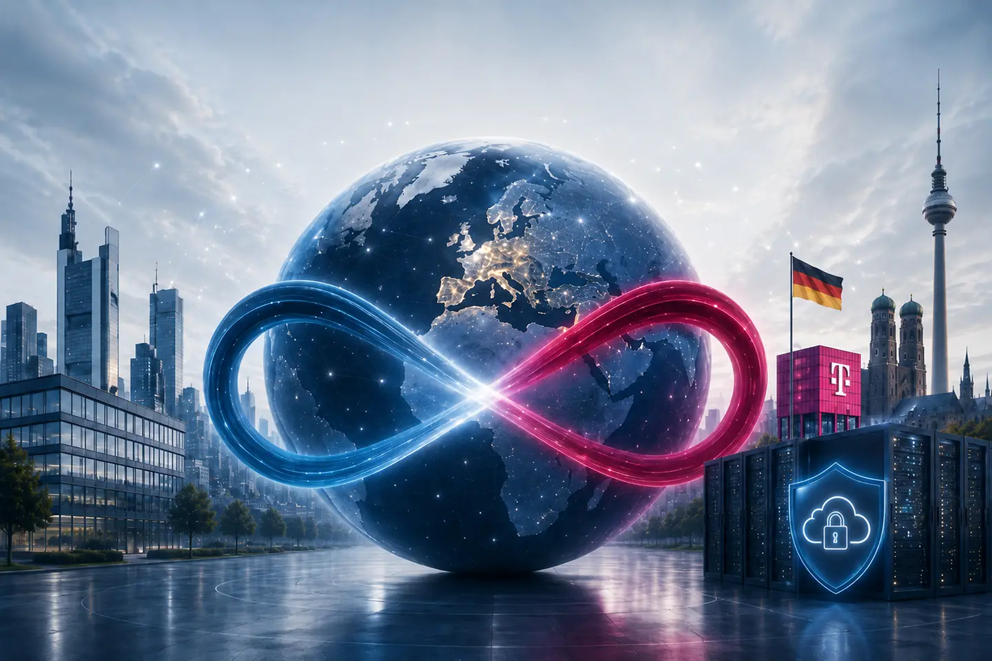 AI-generated image - Digital image of Earth, in the background buildings of largest german cities