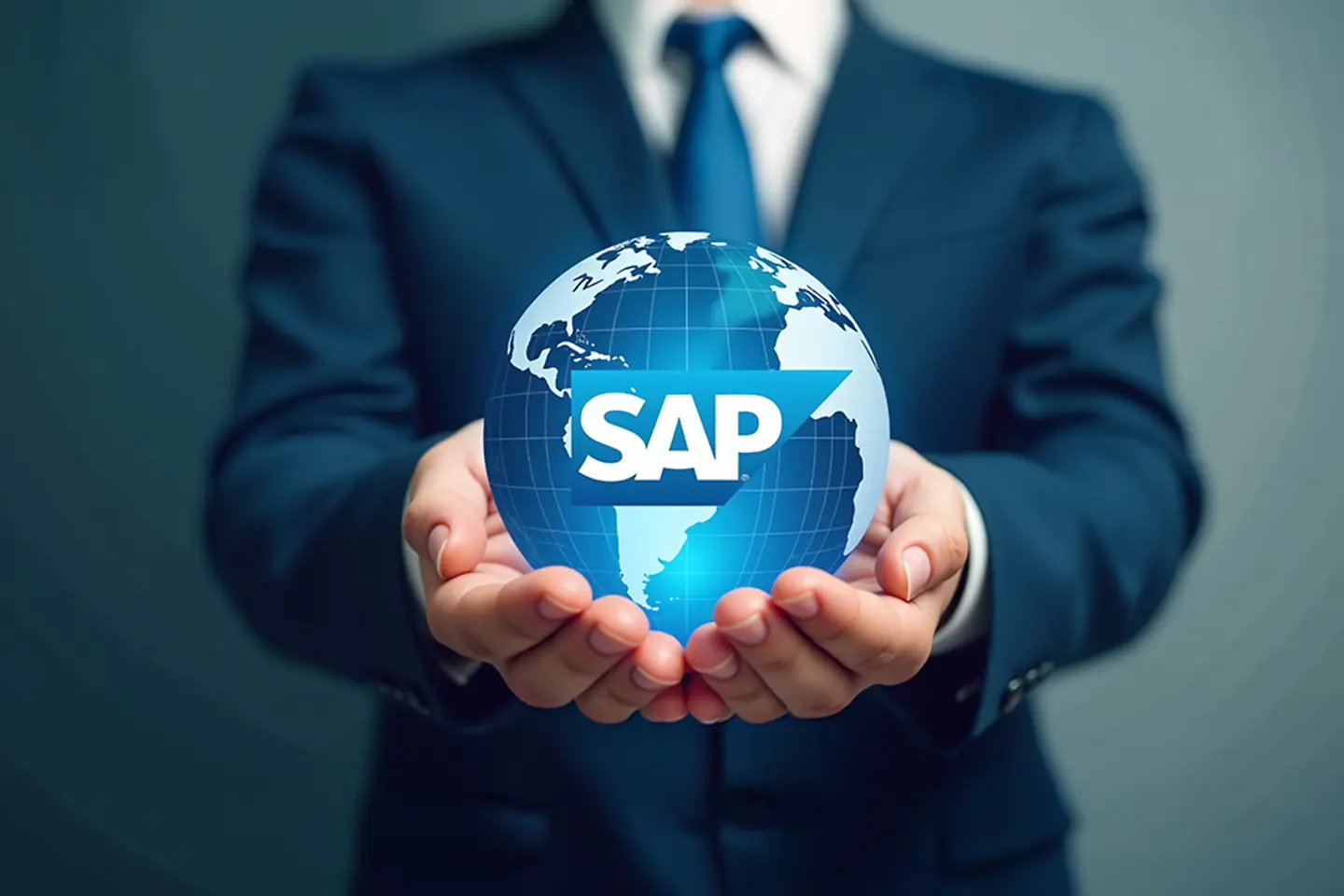 KI-generiertes Bild - Geschäftsmann, der einen Globus mit dem SAP-Logo darauf in der Hand hält